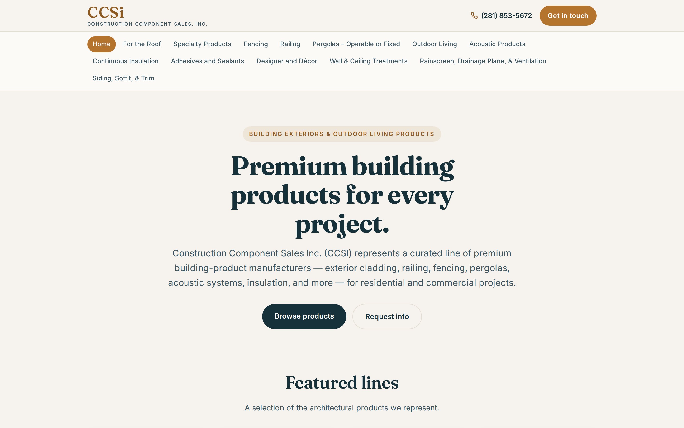 CCSI Sales home page with the headline Premium building products for every project