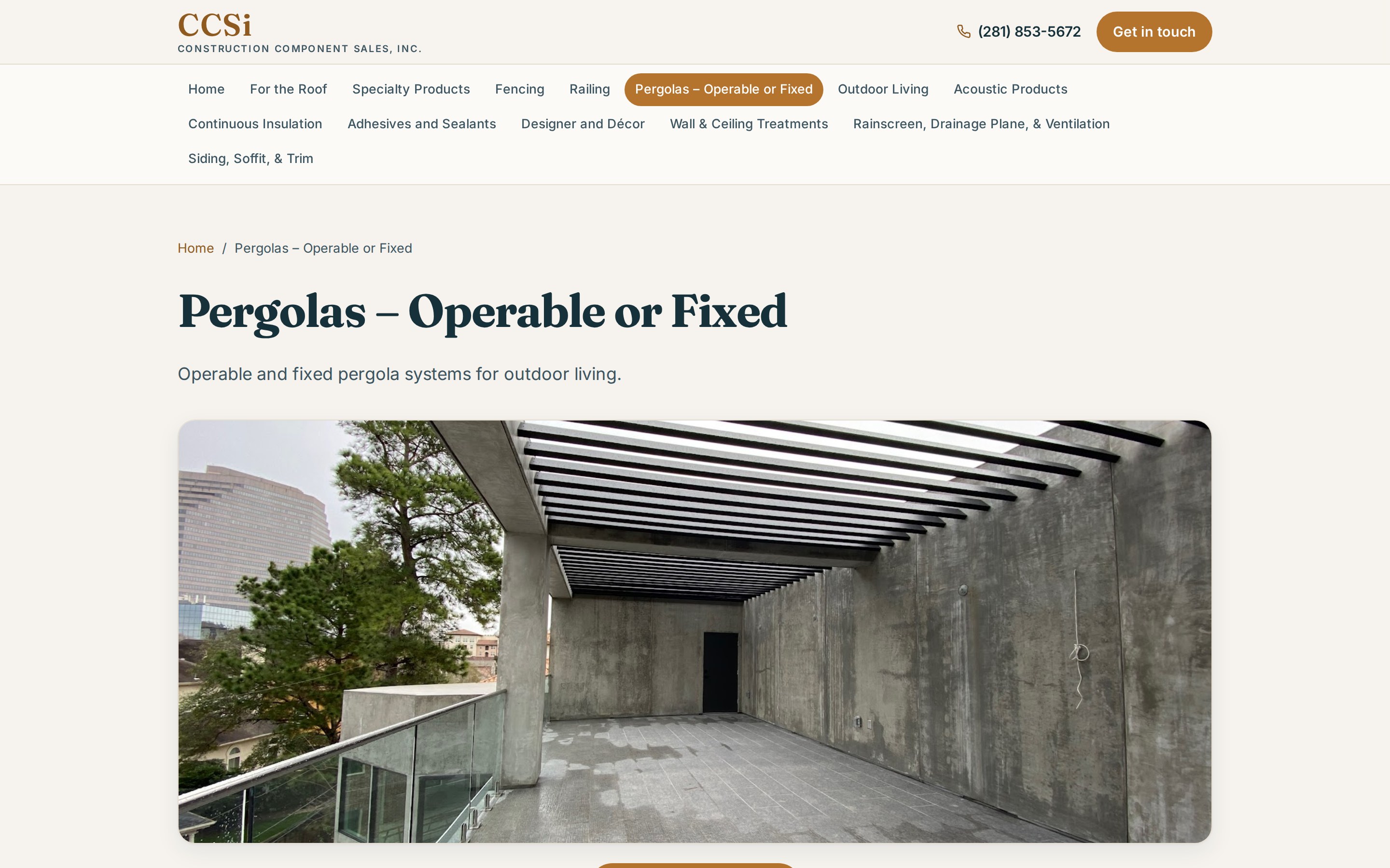 CCSI Sales pergolas product category page showing a louvered pergola installation