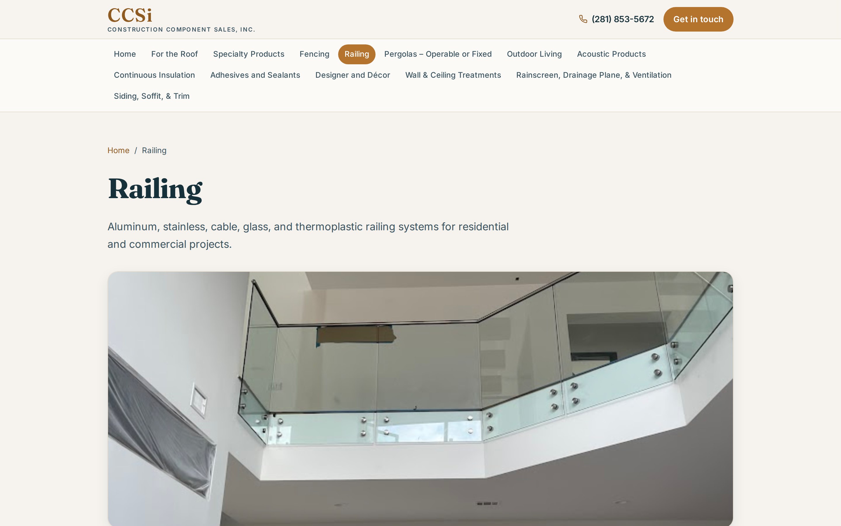 CCSI Sales railing product category page showing a glass railing system